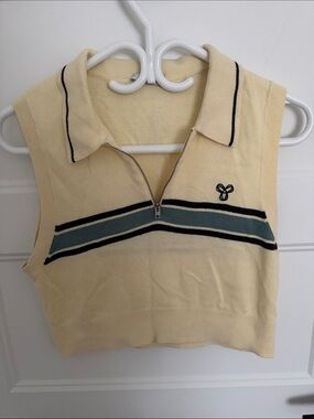 Aritzia Sleeveless Zip Polo Tank in Cream with Teal & Black Stripes